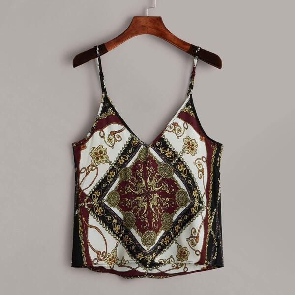 

Double V-neck Scarf Print Cami Top