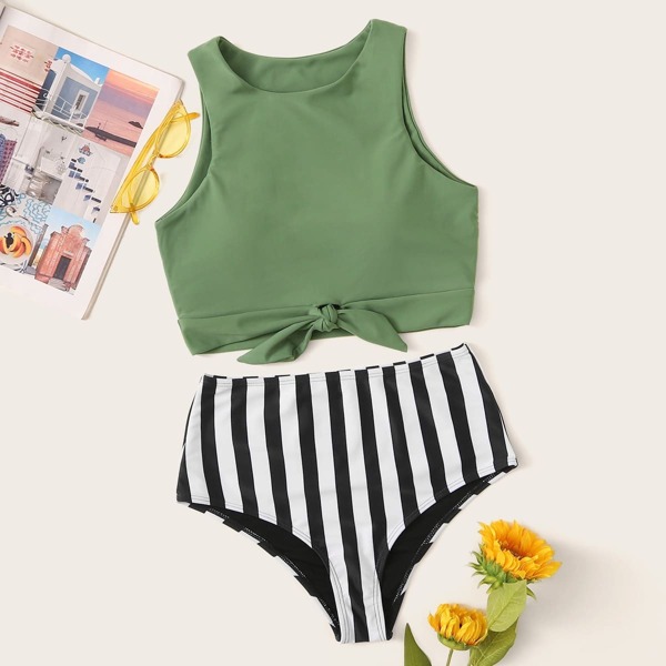 

Knot Front Top With Striped Bikini, Multicolor