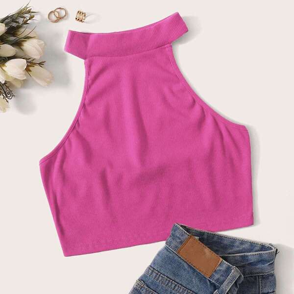 

Solid Rib-knit Crop Halter Top