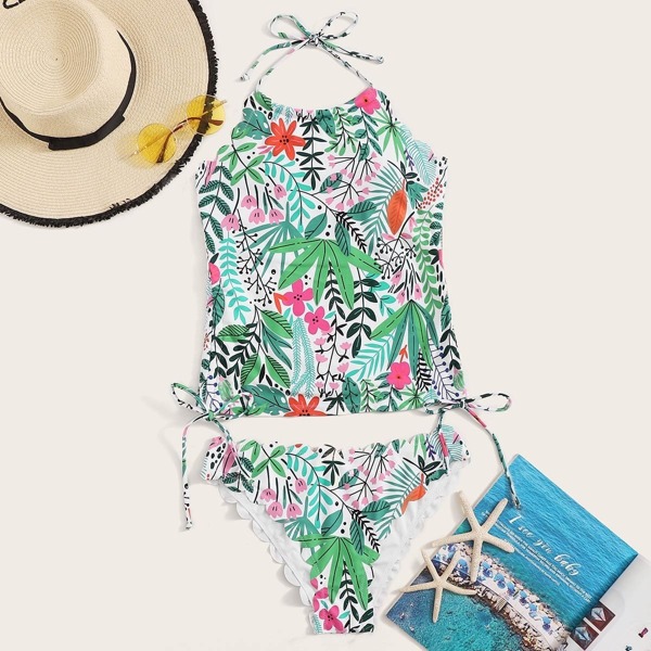 

Tropical Halter Self Tie Tankini Set, Multicolor