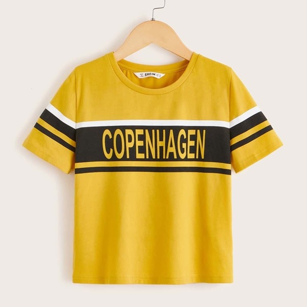

Girls Letter Print Striped Top, Yellow bright