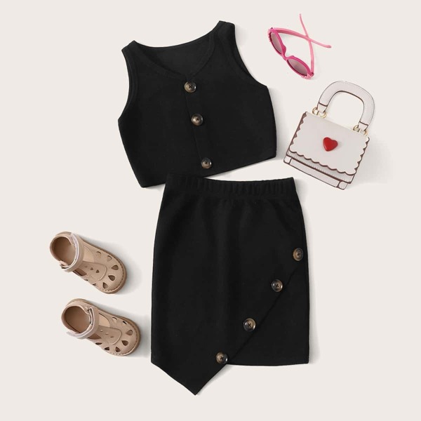 

Girls Rib-knit Button Up Top & Wrap Skirt Set