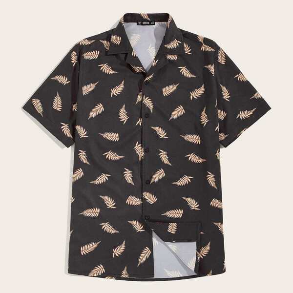 

Men Revere Collar Leaf Print Shirt, Black