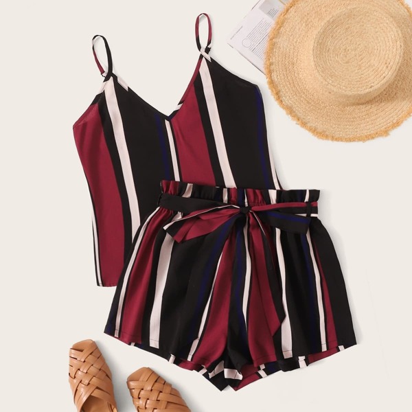 

Colorful Striped Cami & Paperbag Waist Belted Shorts Set