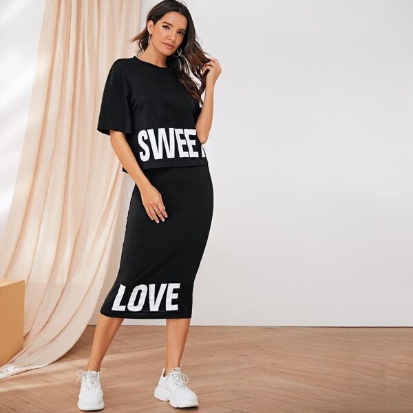 

Drop Shoulder Top & Letter Graphic Pencil Skirt Set, Black