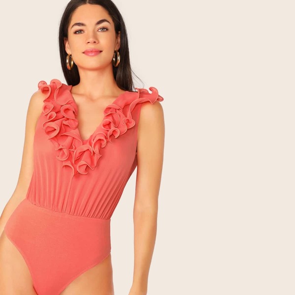 

Plunging Neck Ruffle Trim Tie Back Bodysuit, Orange