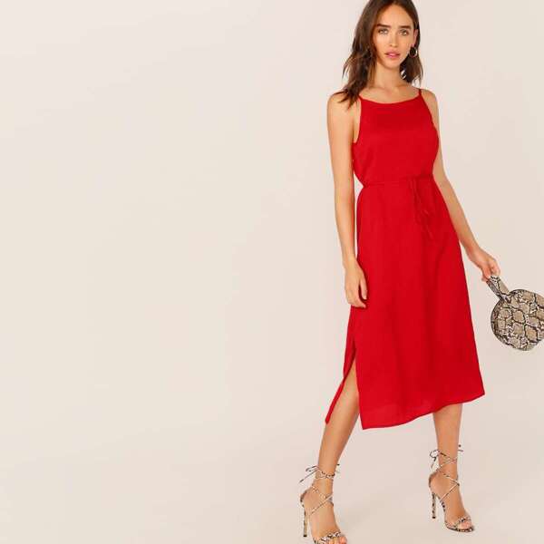 

Backless Split Side Belted Cami Dress, Red bright