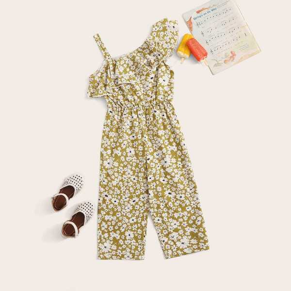 

Toddler Girls Ditsy Floral Asymmetric Neck Ruffle Jumpsuit, Yellow