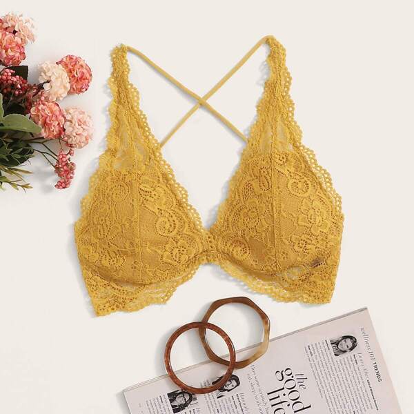 

Crisscross Back Floral Lace Bralette, Yellow