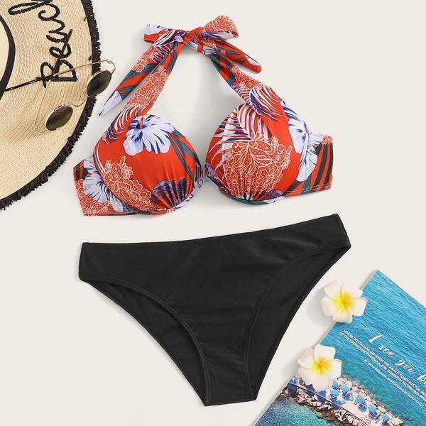 

Random Floral Push-up Top With High Waist Bikini Set