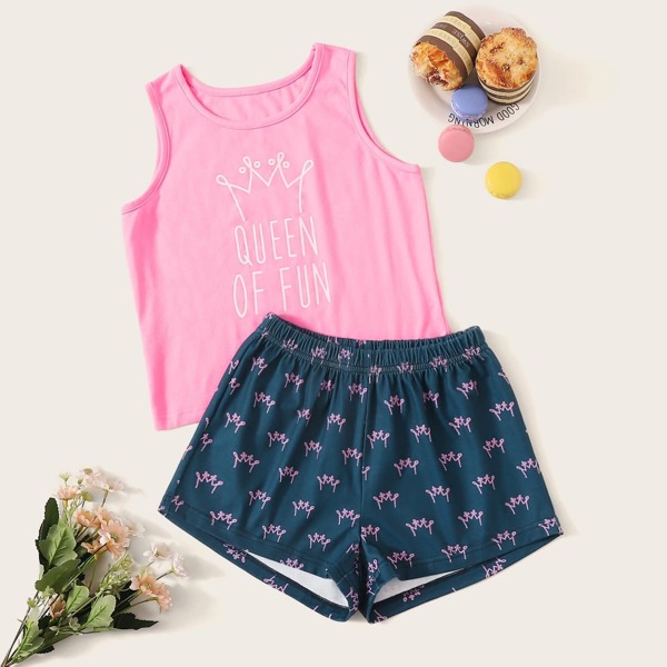 

Girls Crown & Letter Print PJ Set, Multicolor