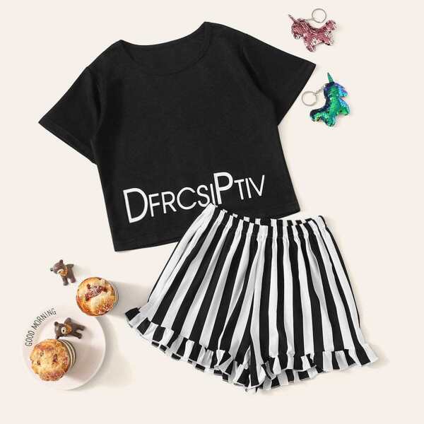 

Girls Letter Print Striped Pajama Set, Black and white
