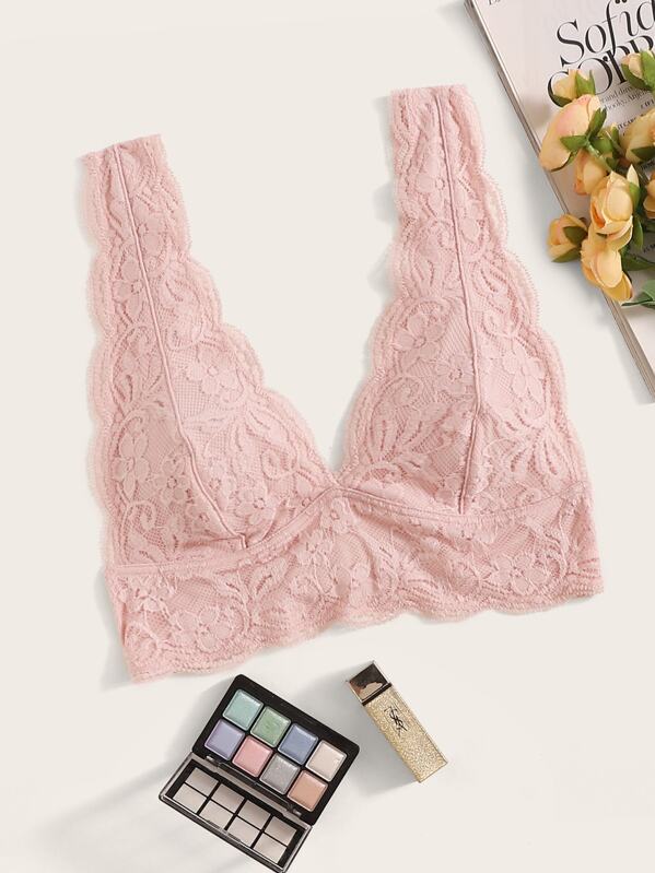 

Scalloped Trim Floral Lace Bralette, Pink
