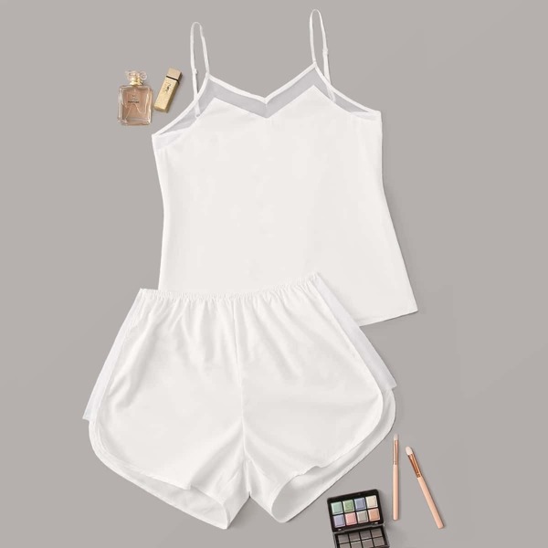 

Contrast Mesh Cami Pajama Set, White
