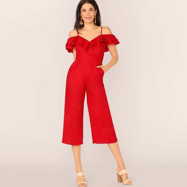 

Cold Shoulder Layered Ruffle Trim Culottes Jumpsuit, Red bright