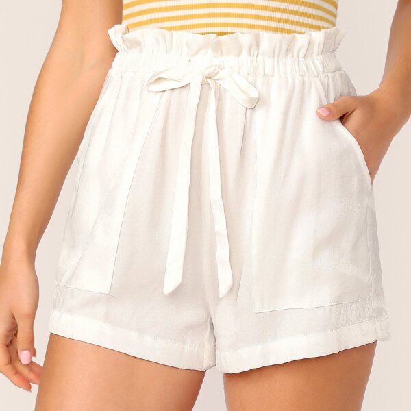 

Paperbag Waist Knot Front Patch Pocket Shorts, White