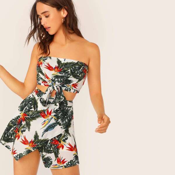 

Tie Front Tropical Print Bandeau Top & Skort Set, Multicolor
