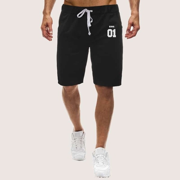 

Men Letter Graphic Drawstring Waist Athletic Shorts, Black