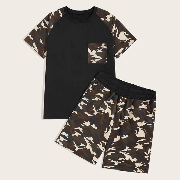 

Men Camo Print Pocket Tee With Shorts, Multicolor