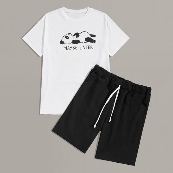 

Men Panda And Letter Print Tee With Drawstring Waist Shorts