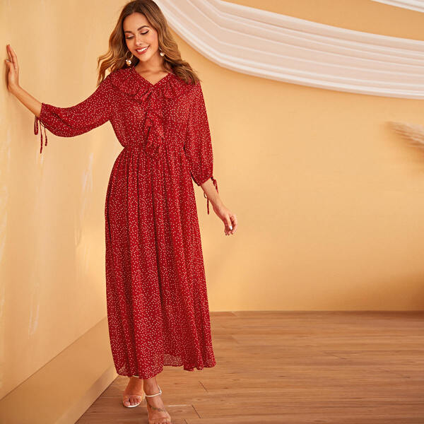 

Polka Dot Ruffle Trim Dress, Red