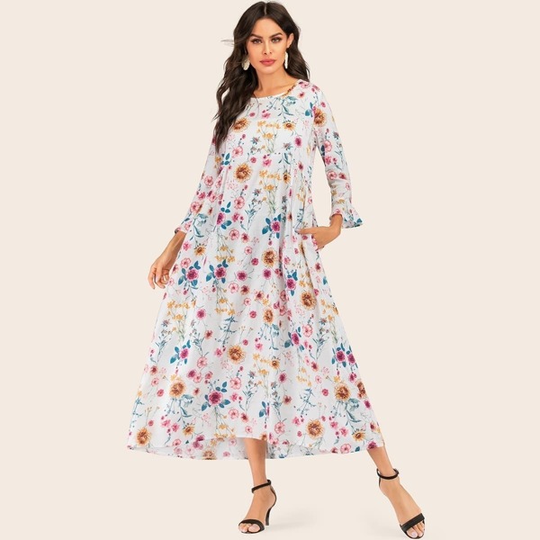 

Floral Print Flounce Sleeve Dress