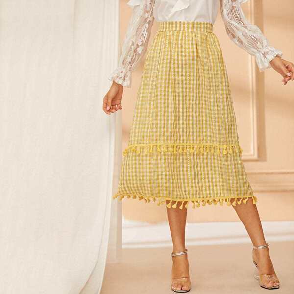 

Gingham Print Fringe Trim Skirt