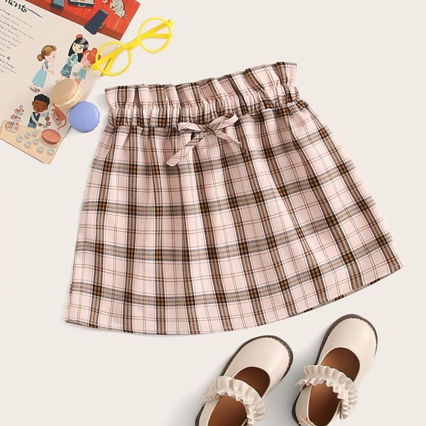 

Toddler Girls Paperbag Waist Tie Front Plaid Skirt