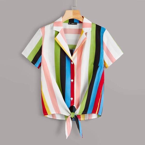 

Colorful Striped Knotted Hem Shirt, Multicolor