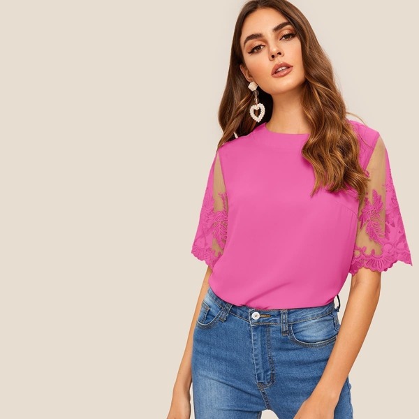 

Embroidered Mesh Sleeve Top, Pink