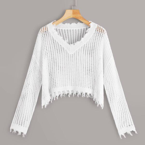 

Drop Shoulder Frayed Edge Open Stitch Sweater