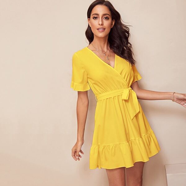

Flounce Sleeve Surplice Neck Flippy Hem Belted Dress, Yellow