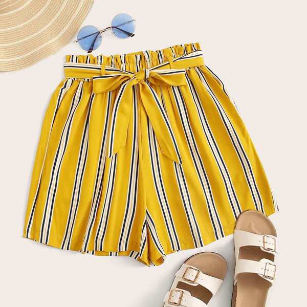 

Paperbag Waist Striped Belted Shorts, Yellow bright