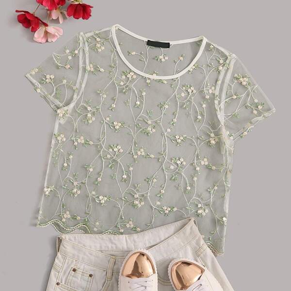 Flower Embroidered Mesh Sheer Top