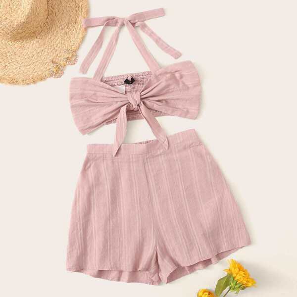 

Solid Knotted Front Shirred Halter Top & Shorts Set