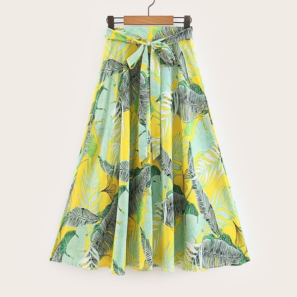 

Palm Tree Print Belted Skirt, Multicolor