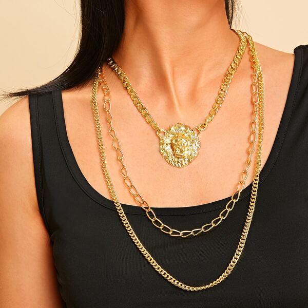 

Lion Head Charm Layered Chain Pendant Necklace 1pc
