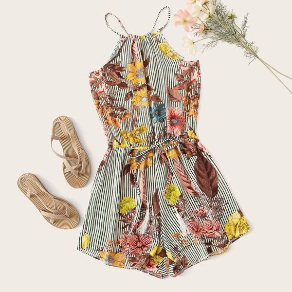 

Plus Floral Print Striped Drawstring Waist Cami Playsuit, Multicolor