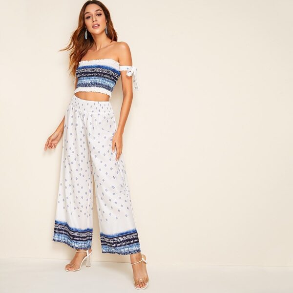 

Tie Dye Shirred Crop Top With Geo Print Wide Leg Pants