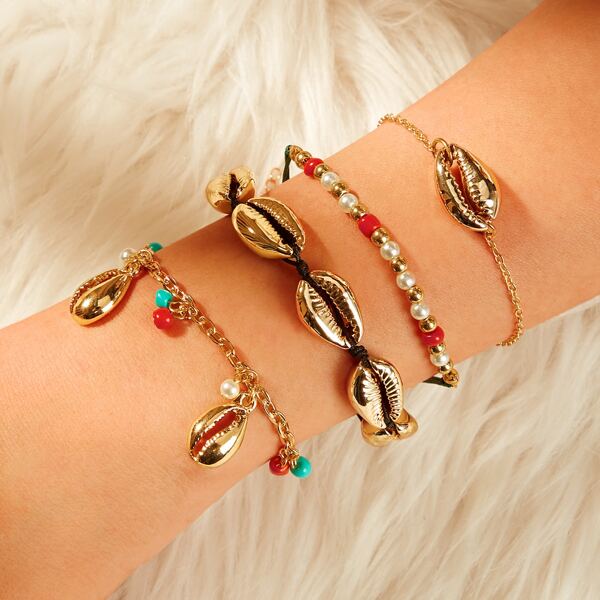 

Shell & Beaded Decor Bracelet Set 4pcs