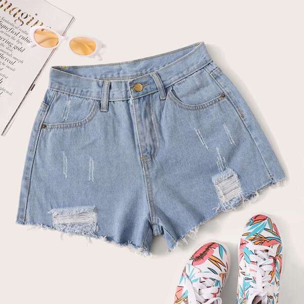 

Ripped Raw Hem Denim Shorts
