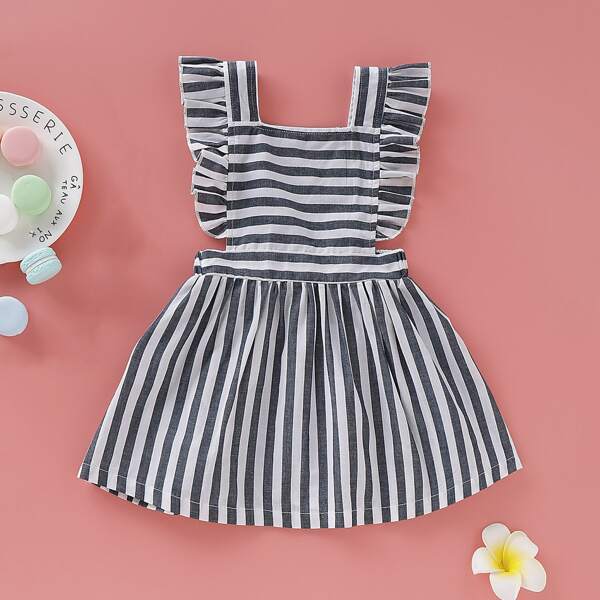 

Baby Girl Ruffle Trim Striped Pinafore Dress