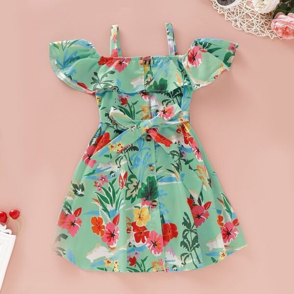 

Toddler Girls Floral Print Open Shoulder Belted Slip Dress, Green