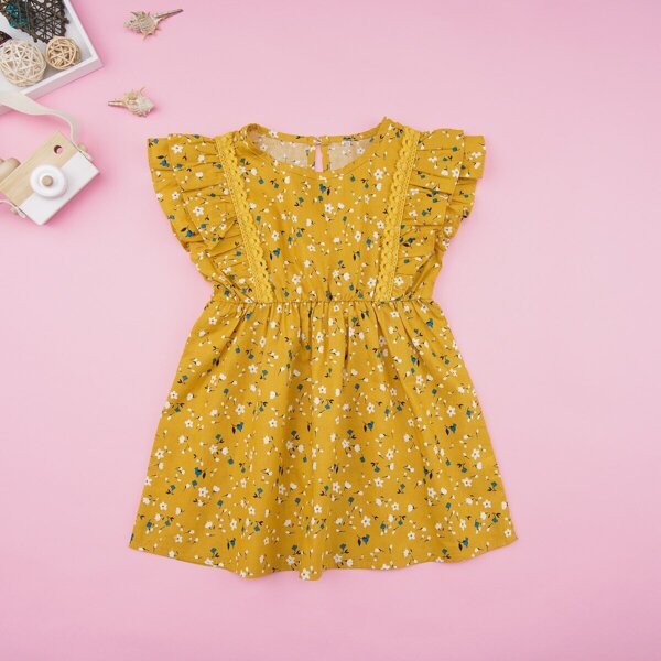 

Toddler Girls Ditsy Floral Lace Panel Ruffle A-line Dress, Yellow