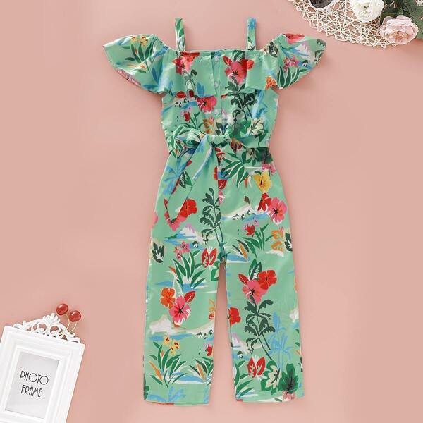 

Toddler Girls Floral Print Open Shoulder Belted Jumpsuit, Green