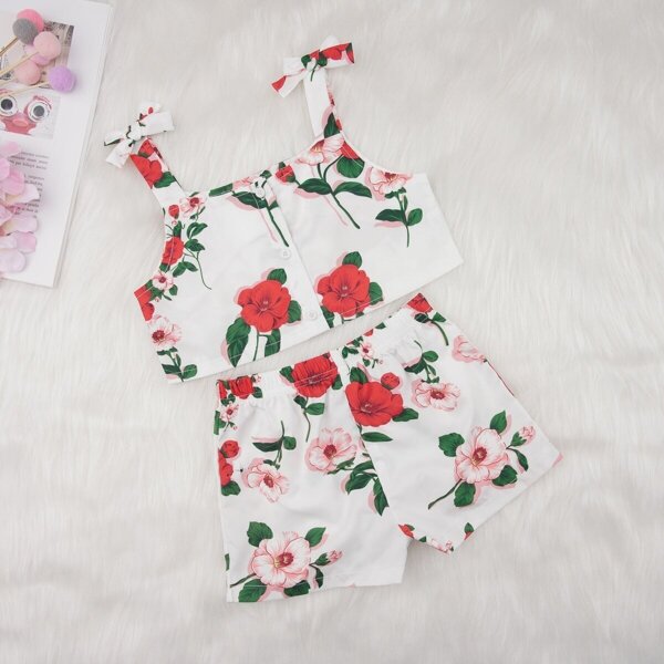 

Toddler Girls Floral Print Button Front Cami Top With Shorts, Multicolor