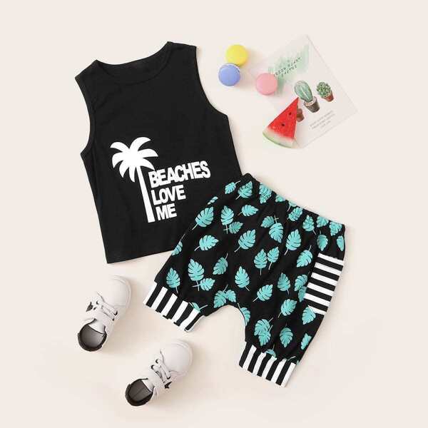 

Toddler Boys Letter Print Tank Top With Leaf Print Shorts, Black