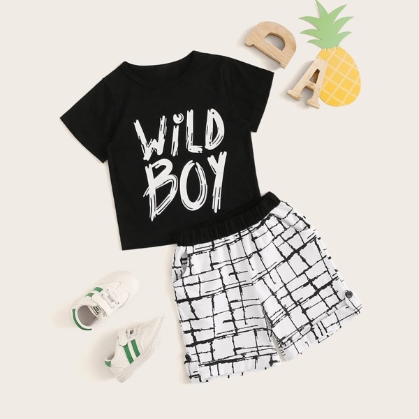 

Toddler Boys Letter Print Tee With Plaid Print Shorts
