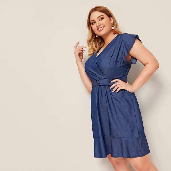 

Plus Belted Ruffle Hem Surplice Denim Dress