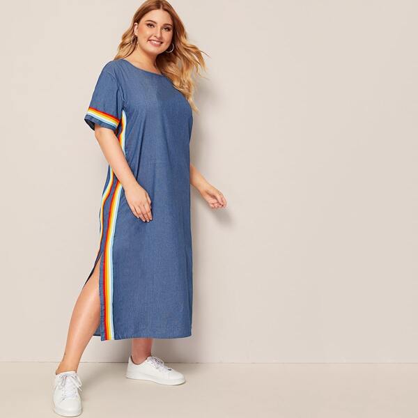 

Plus Contrast Colorful Striped Denim Dress